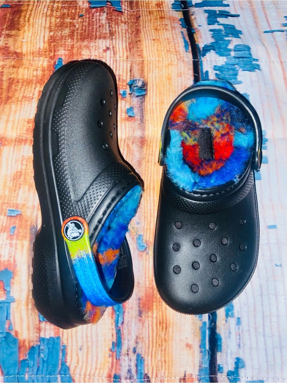 Kids Black Crocs with Blue & Multicolor Lining